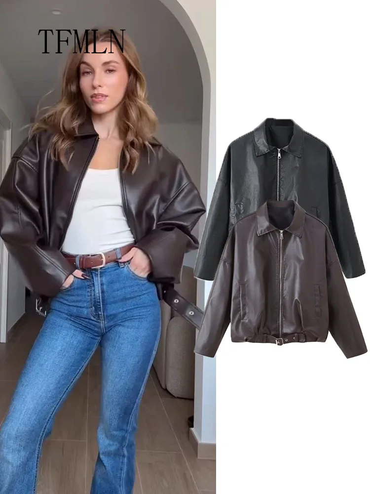 

TFMLN 2025 осенние женские повседневные куртки из искусственной кожи, модные свободные уличные пальто на молнии с лацканами, верхняя одежда с длинными рукавами в стиле ретро