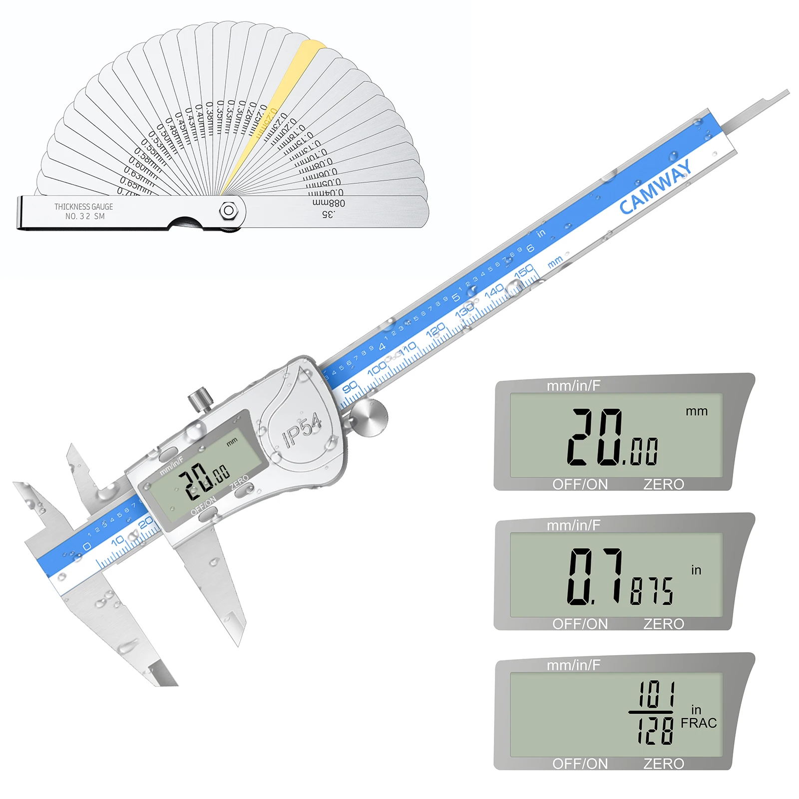 CAMWAY Digital Vernier Caliper IP54 Waterproof+Feeler Gauge 150mm/6 Inch Caliper Fractions/Inch/Metric Conversion Measuring Tool