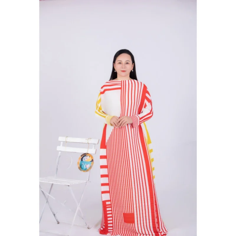 New Miyake Pleated Stripe Dress Fashion Relaxed Party Temperament Long Dresses 2023 Spring and Summer Elegant Women Clothing