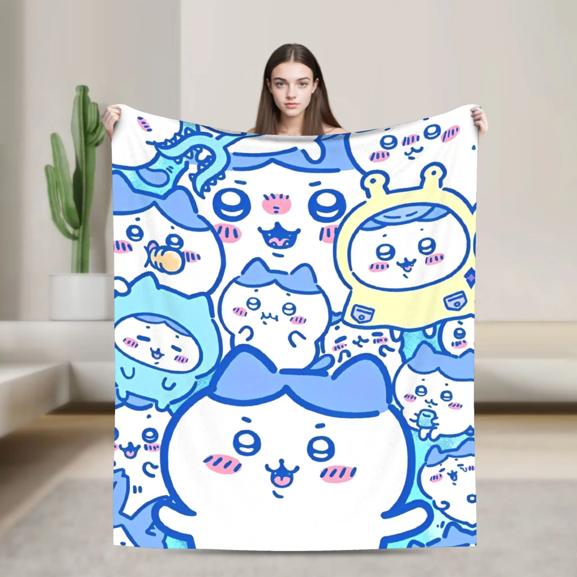 Chiikawas Hachiware Knitted Blanket Kawaii Cartoon Flannel Throw Blanket Summer Air Conditioning Decoration Soft Warm Bedsprea,