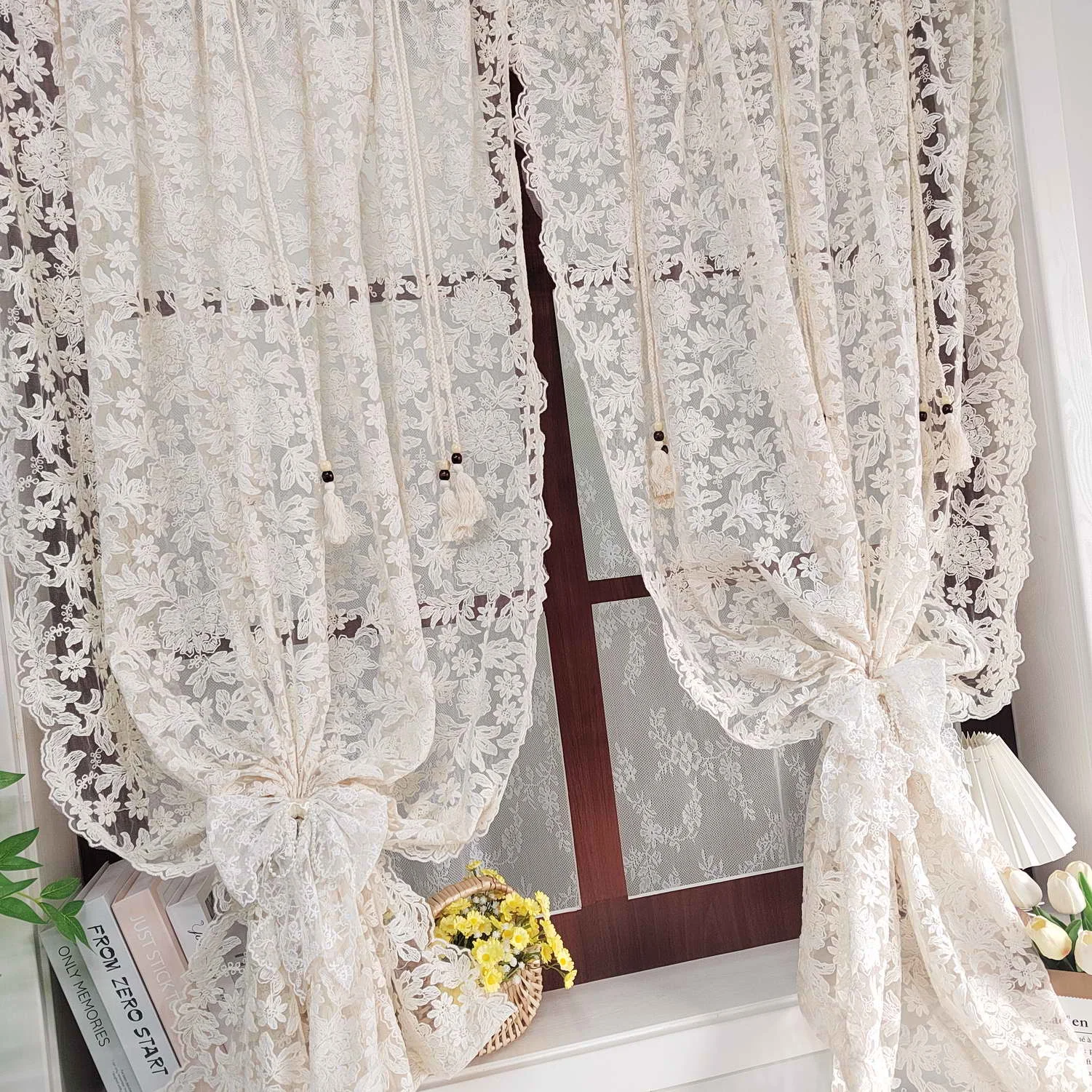 

French Lace Tulle Curtain, Sling Tassel Special Design Beige Curtain For Bedroom Living Room, Window Curtain, Door Curtain