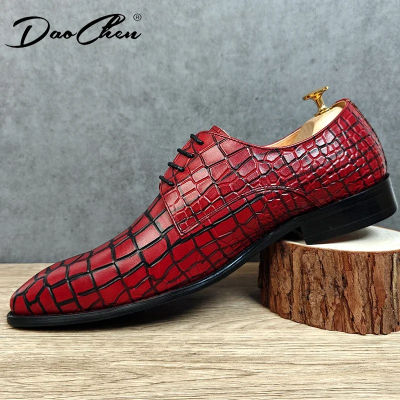 Luxury Brand Men\'s Shoes Red Lace Up Pointed Toe Derby Oxfords Print Casual Mens Dress Wedding Party Leather Shoes Men