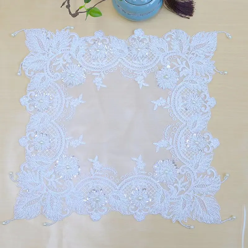 NEW white beads flowers Embroidery table cloth cover wedding party tablecloth kitchen Christmas Table decoration and accessories