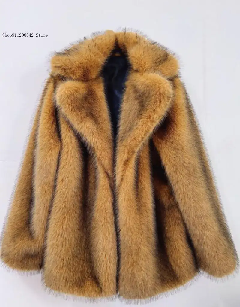 Autumn and Winter Spring Pure Color Lapel Collar Faux Fur Fluffy Jacket Loose Coat Warm Overcoat Woman