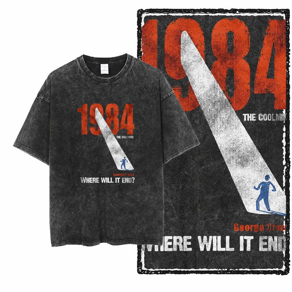 1984 Dystopian Graphic Tees, Vintage Washed Black Oversized Streetwear Collection For Political And Literature Fans
