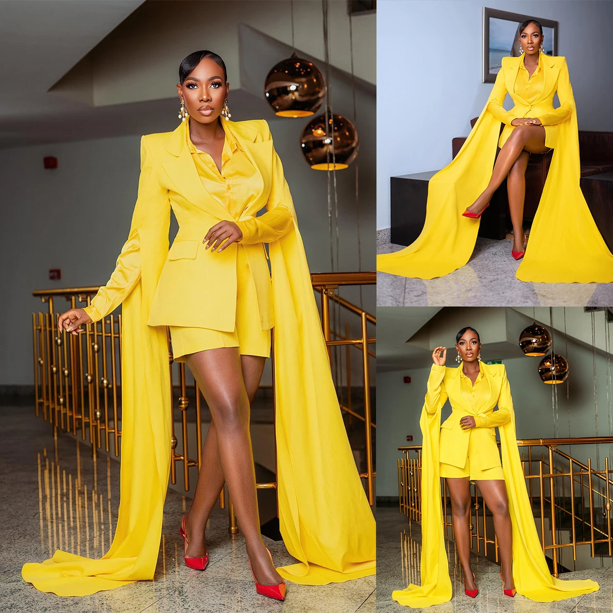 Fashion Yellow 2 Pieces Women Suits Dresses  Designed One Button Blazer Custom Made Above Knee Shorts Elegant Power Gown