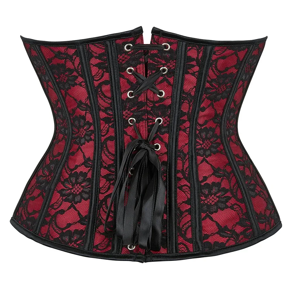 WSHKING Underbust Waist Corset Lace Floral Red Waist Trainer Gothic Women Slimming Belt Bustier Corselet Red Korset view 2