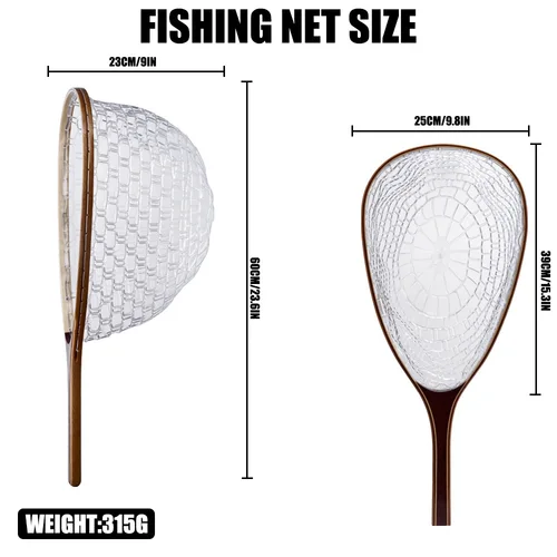 Imagen 2 del producto Red de aterrizaje de pesca con mosca, red de captura y liberación de trucha de goma, con poste de madera, herramienta de pesca al aire libre