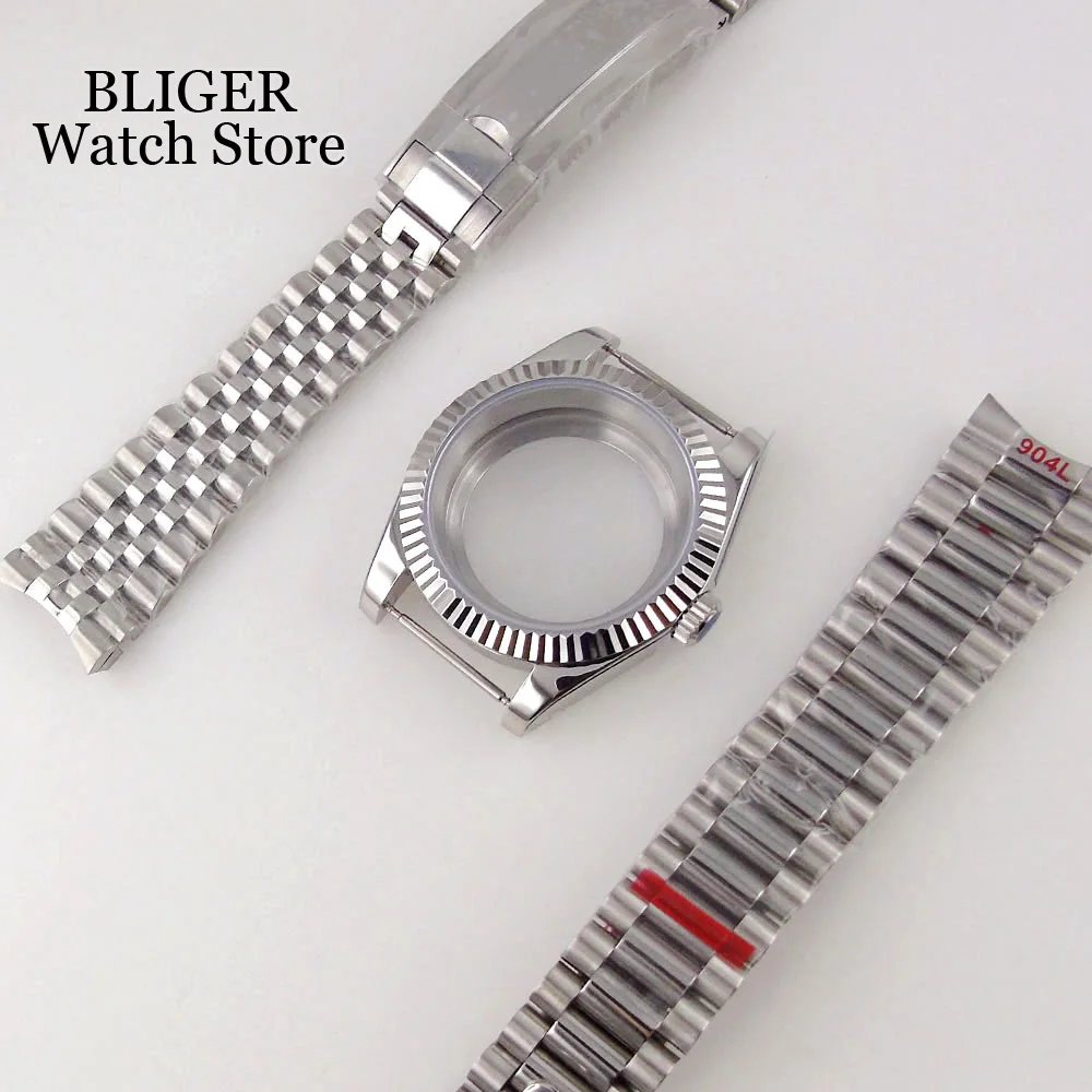 36MM/39MM Watch Case Sapphire Glass Fluted Bezel fit NH35A NH36A NH34 PT5000 Double Endlink Bracelet Small Endlinks Screw Crown