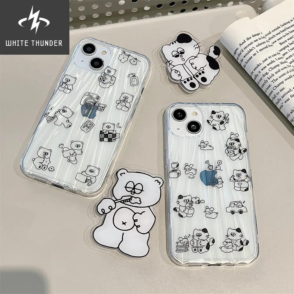 Cute Reading Cat Brushing Bear Bracket Folds Clear Soft Phone Case For IPhone 12 11 13 Pro Max 11 12 13 PRO Protective Cover