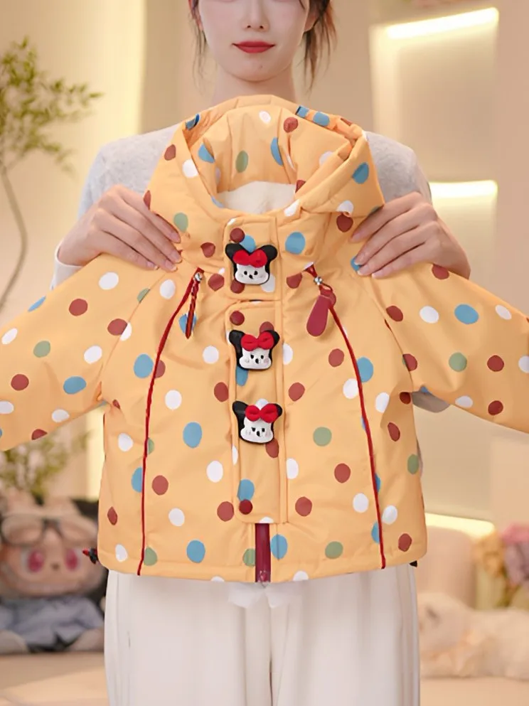 

Thiened Cotton Fce Children's Winter Jaet Coat Girls' Korean Sle Cartoon Polka Dot Hooded Warm Cotton Clothes