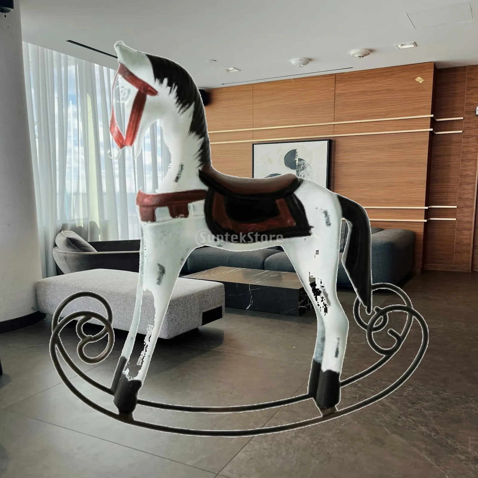 Horse Statue Vintage Rocking Horse Figurine Wooden Animal Decor Desk Figure for Living Room Bedroom Hotel