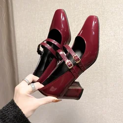 2024 Spring Autumn Women Double Buckle  Shoes Leather Square Head Square Heel Solid Color Women's Shoes