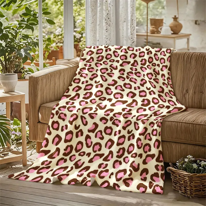 Pink Brown Leopard Flannel Blanket Perfect for Sofa Office Bed Travel Sleep Read Relax Camping Four Season Use