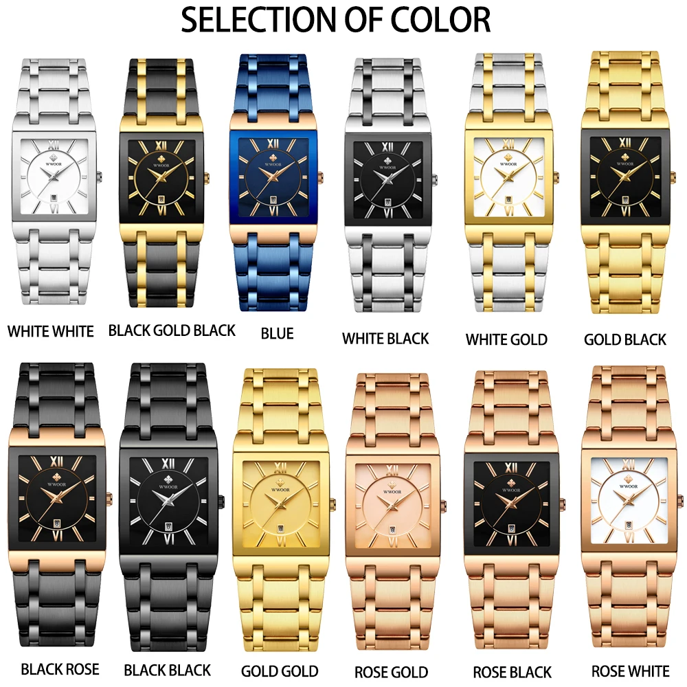 WWOOR Mens Square Quartz Wrist Watches Luxury Gold Black Watch Stainless Steel Waterproof Automatic Date Clock Relogio Masculino