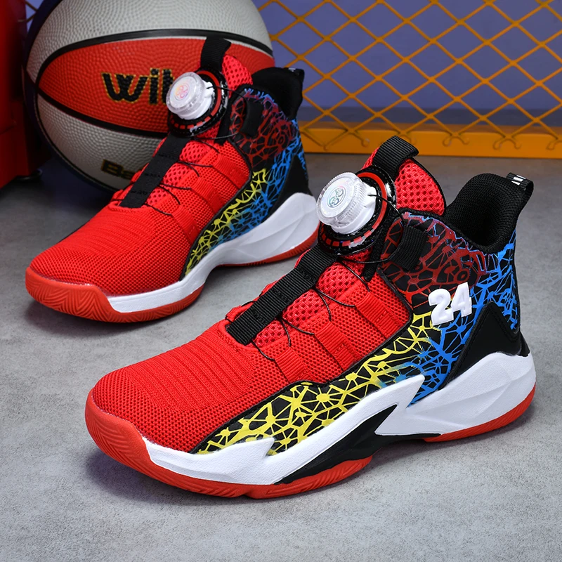 Kids Basketball Shoes Swivel Buckle Design Children Sports Shoes Non-slip Rubber Sole Boys Sneakers Outdoor Girls Casual Sneaker