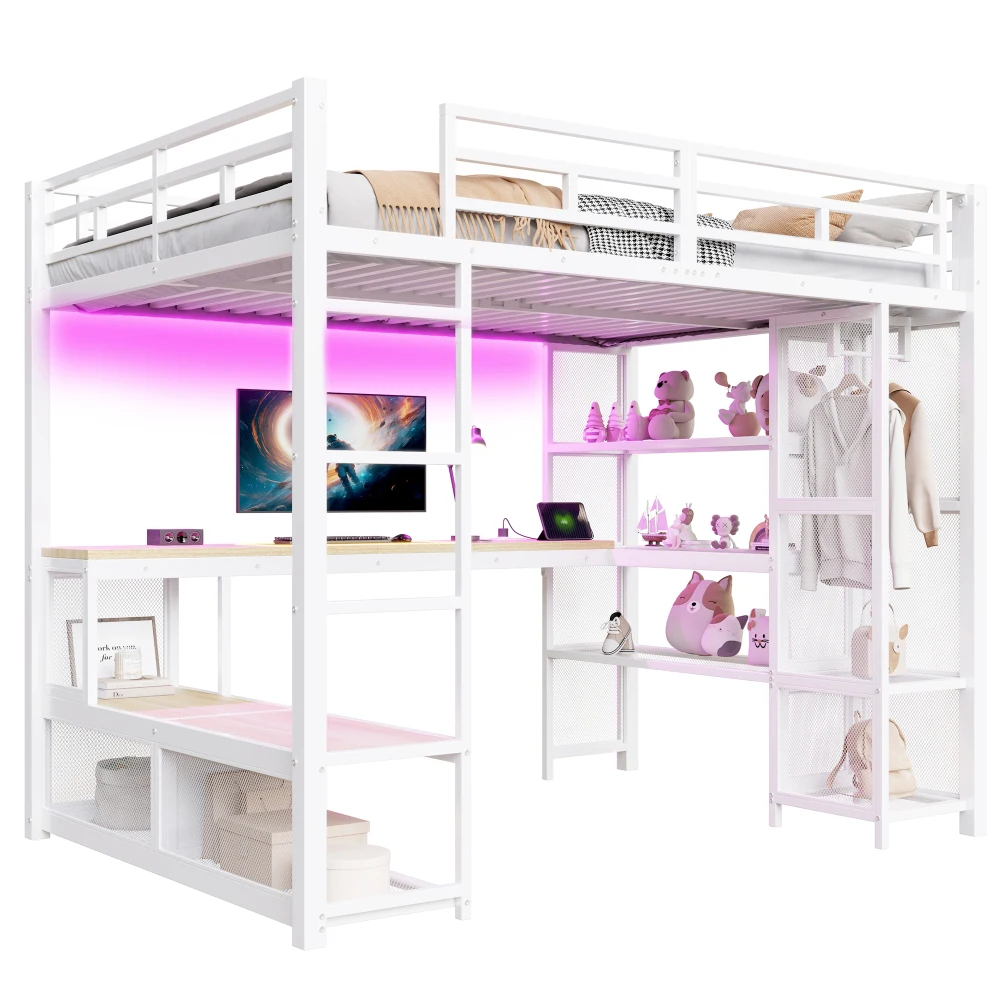 140 x 200 cm großes Hochbett aus Metall mit Stauraum und offenem Kleiderschrank, Kinderzimmerbett mit USB-Anschluss und LED-Beleuchtung, Schwarz/Weiß – Detail 21