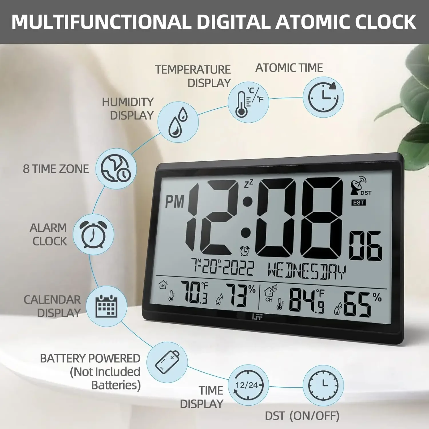 Clock/Never Needs Setting, Battery Operated, Atomic Wall Clock with Indoor/Outdoor Temperature & Humidity, Wireless Outdo