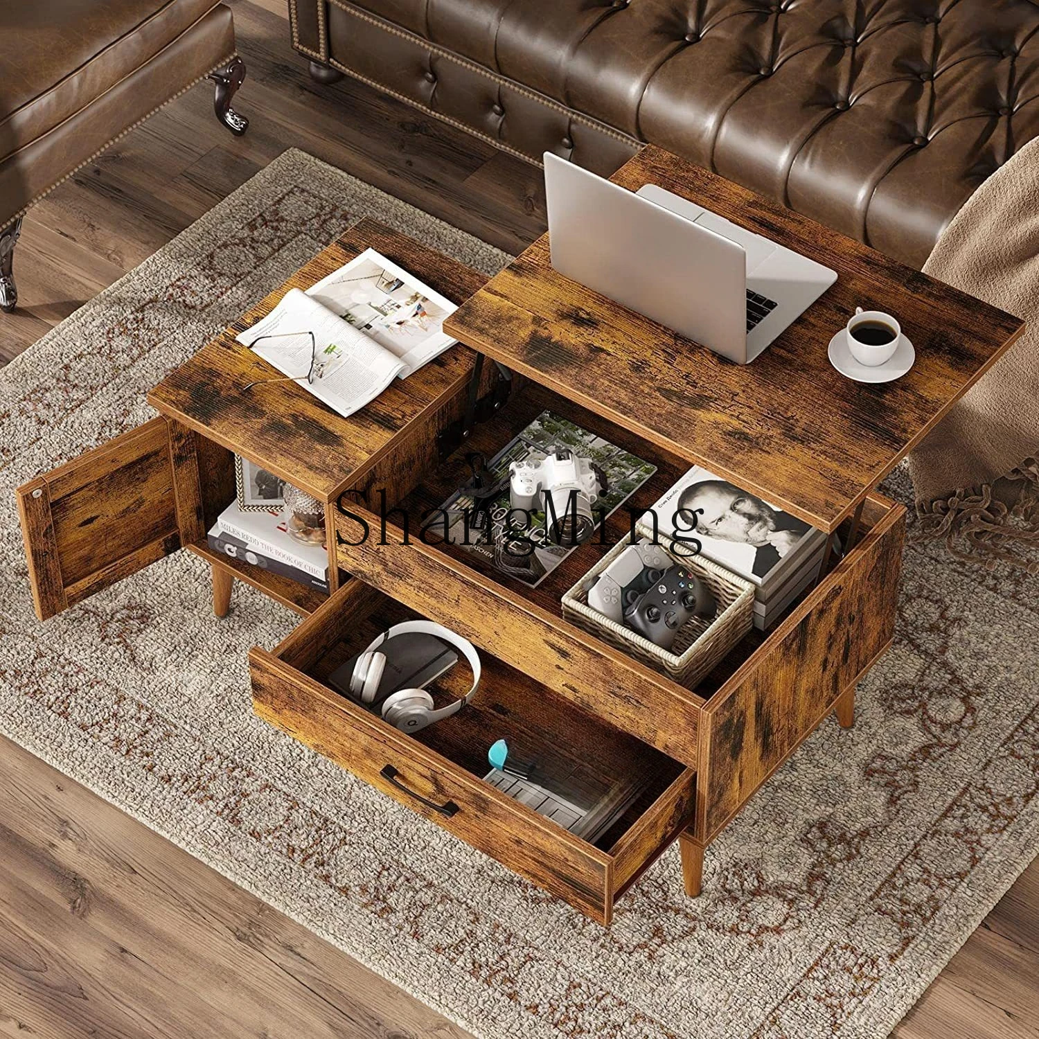 FG مساحة تخزين مفتوحة مكتب الشاي طاولة قهوة مزدوجة الأغراض، طاولة قهوة مستطيلة قديمة الرفع