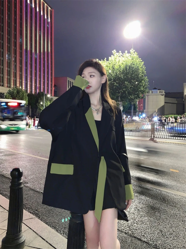 

Women's Long Sleeve Color Block Blazer 2025 New Spring Autumn Loose Fit Korean Style Mid Length Suit Contrast Color Ribbon