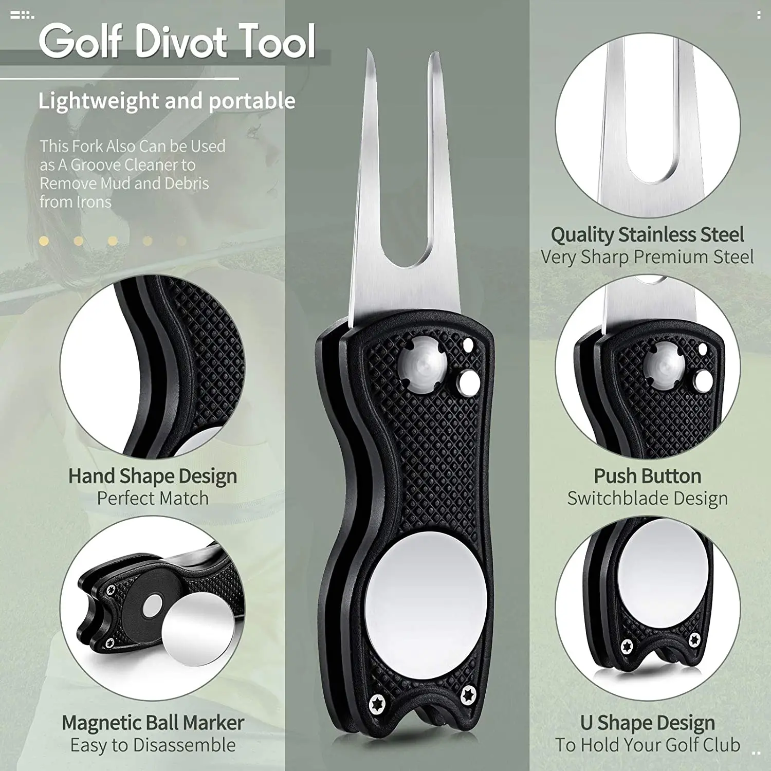 New Metal Foldable Golf Divot Repair Tool with Magnetic Ball Marker and Pop-up Button Green Tool Accessories Gift For Golfer