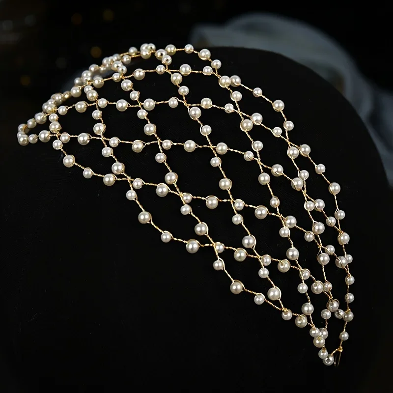 Gold Color Luxury Pearl Headband Hairband Tiara For Women Bride Pearl Bridal Wedding Hair Accessories Jewelry Headband Tiara