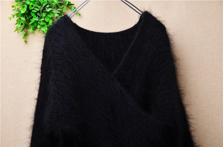 Elegant Fashion Ladies Women Clothing Black Hairy Mink Cashmere Knitted V-Neck Slim Blouses Pullover Angora Fur Jumper Sweater