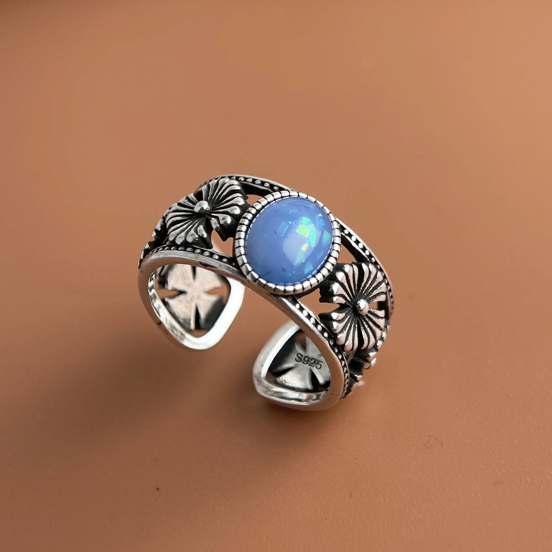 925 Sterling Silver Rings for Women Couple Minimalist Handmade Simple Retro Blue Stone Ring Fine Jewelry Gift Prevent Allergy