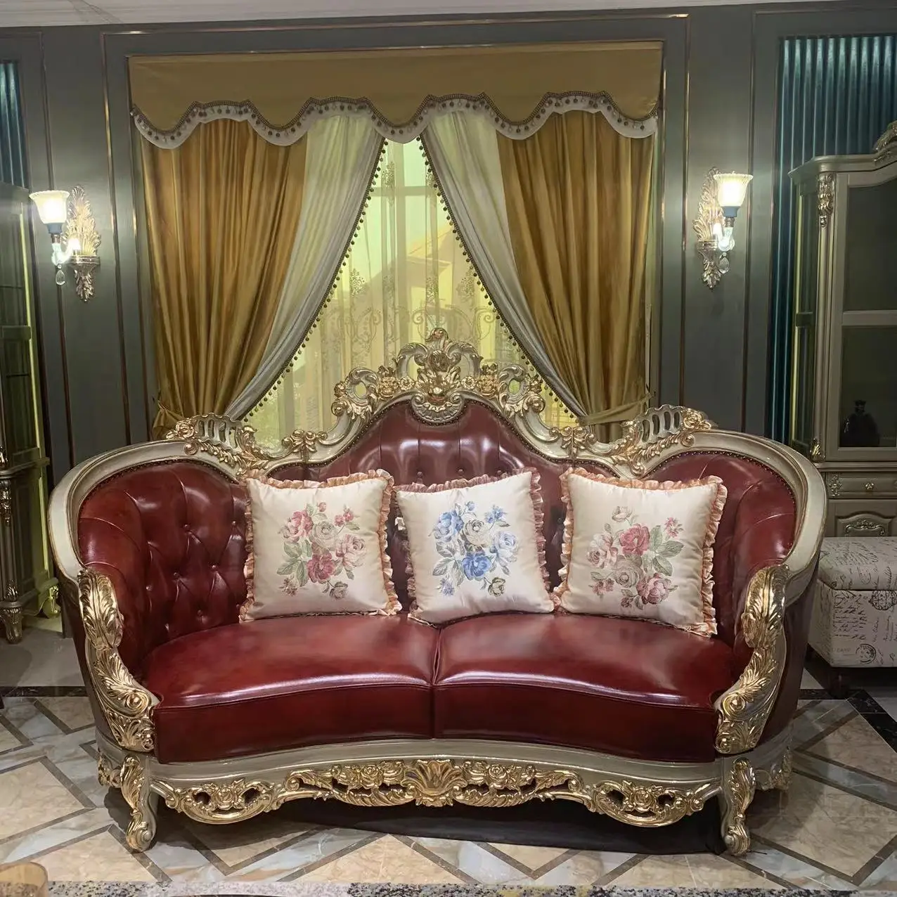 European Italian Style Luxury Sofas Antique king Golden Classic Leather Couch Living Room Sofa Set Other Home Furniture