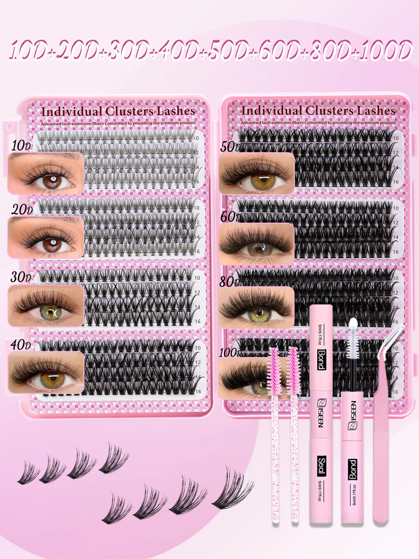 DIY klastry rzęs puszyste grube pojedyncze rzęsy duża pojemność 10D-100D zestaw do przedłużania rzęs z pęsetą Bond i Seal
