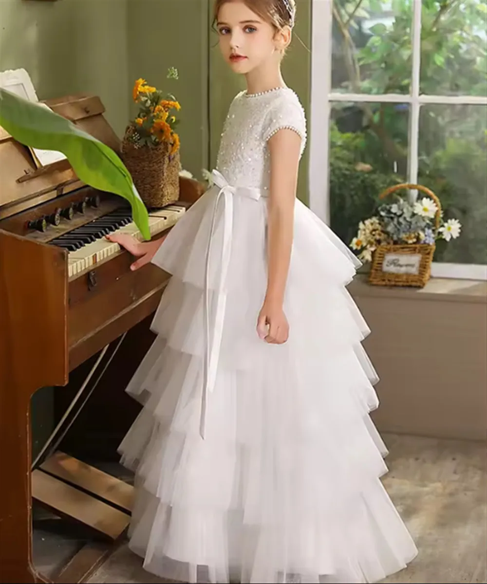 

Customized White Flower Girl Wedding Dress Shiny Beading With Bow Belt Princess Birthday Party Dress Kids Holy Communion Gown