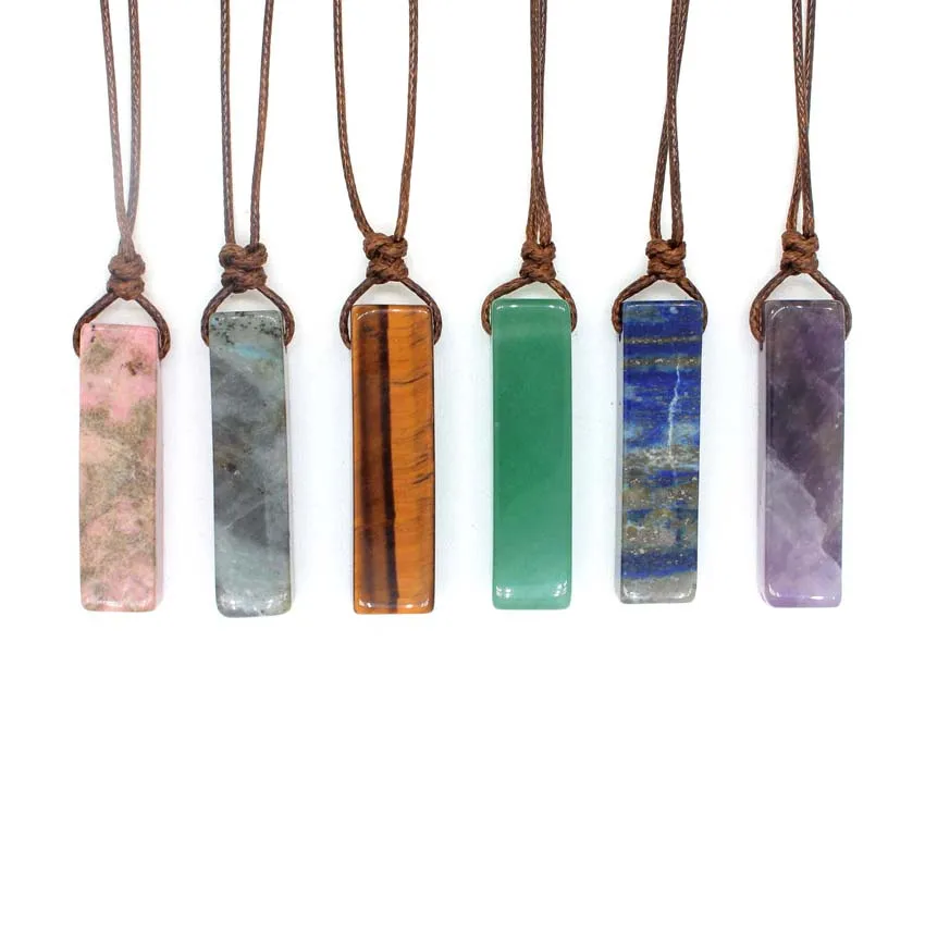 Crystal Cuboid Pendant Natural Amethyst Lapis Lazuli Green Aventurine Quartz Stone Pendant Adjustable Rope Chain Women Necklace