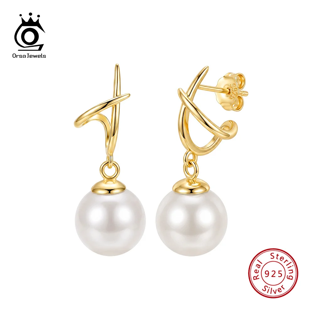 ORSA JEWELS Twisted Hook Shell Pearl Drop Earrings for Women 925 Sterling Silver Shell Pearl Dangle Modern Jewelry Gift PSE14