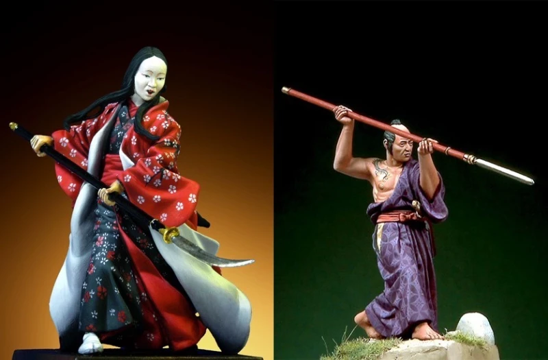 

1/32 Scale Die-cast Resin Figure Model Kit Japanese Male and Female Warriors with Base 2 Figures Unassembled Unpainted