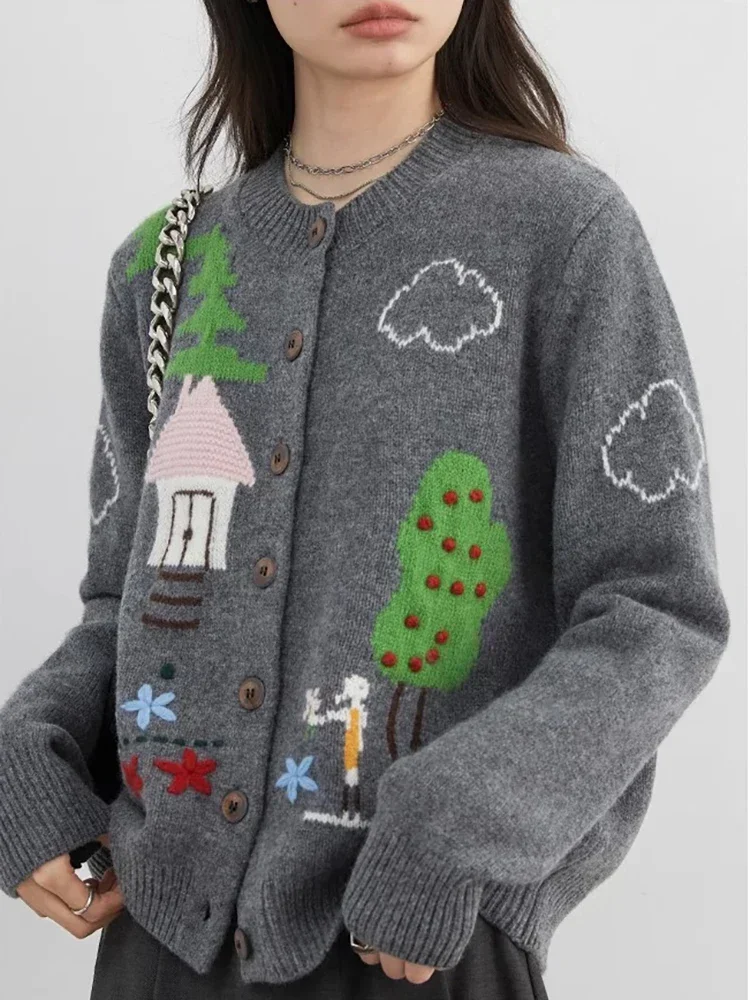 شيك فين الكورية النساء البلوزات مكتب فضفاض سترة مشغولة من الصوف كم طويل لاعبا فتاة ملابس خارجية تريكو خريف شتاء 2024