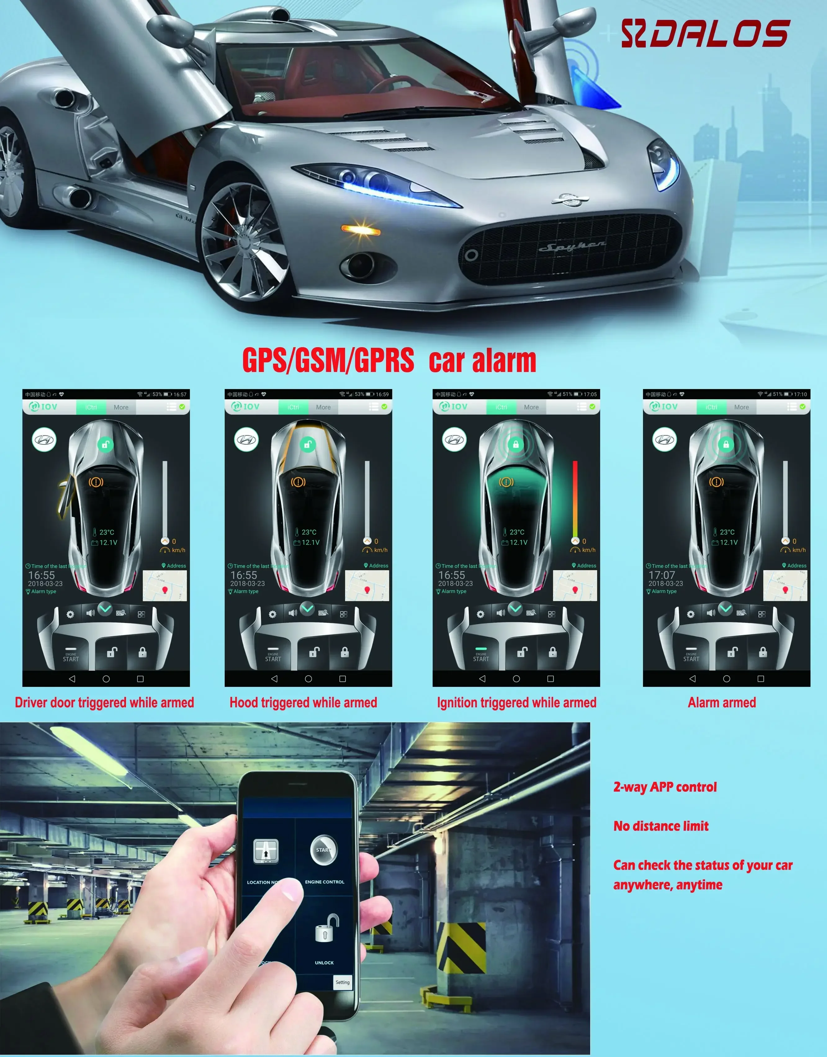 Car Alam GPS Tracking Engine Remote Start Stop System GSM Smartphone App Control