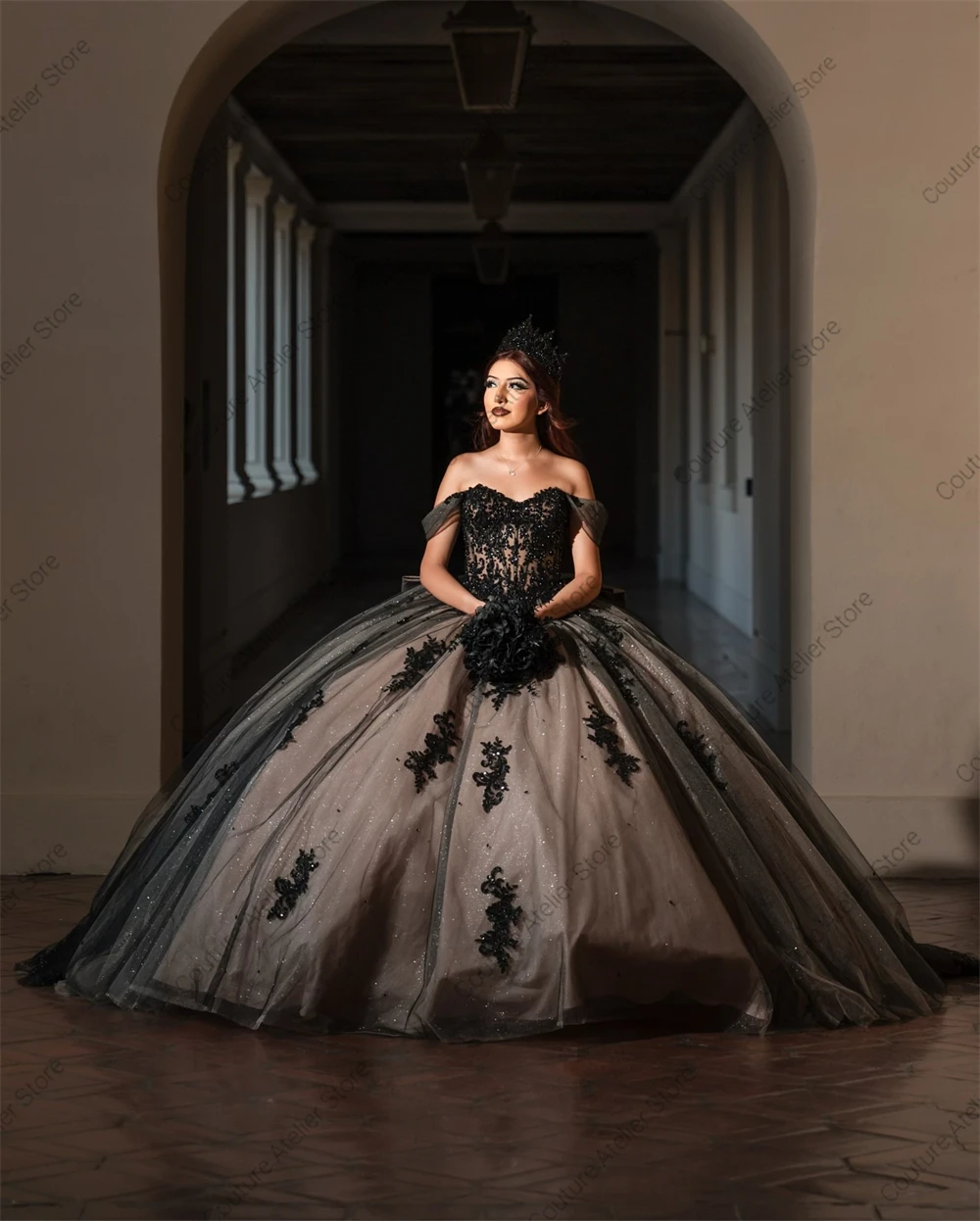 Black Off The Shoulder 15 Year Old Quinceanera Dresses Beaded Lace Appliques With Bow Ball Gown Princess Dress Graduation Gown