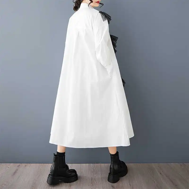 Hksh primavera outono nova camisa feminina vestido babados malha retalhos único breasted manga longa ins casual vestidos de grandes dimensões hk13768