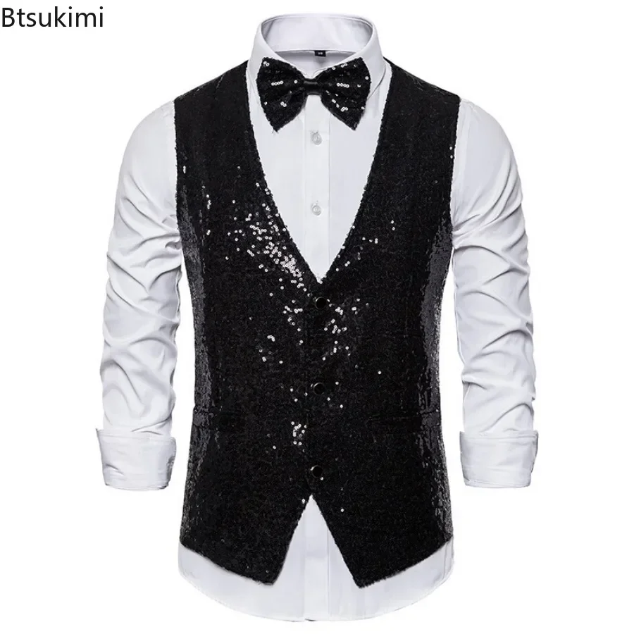 2024 Men\'s Shiny Gold Sequin Glitter Embellished Blazer Waistcoat Night Club Blazer Wedding Party Waistcoat Stage Singers Vest