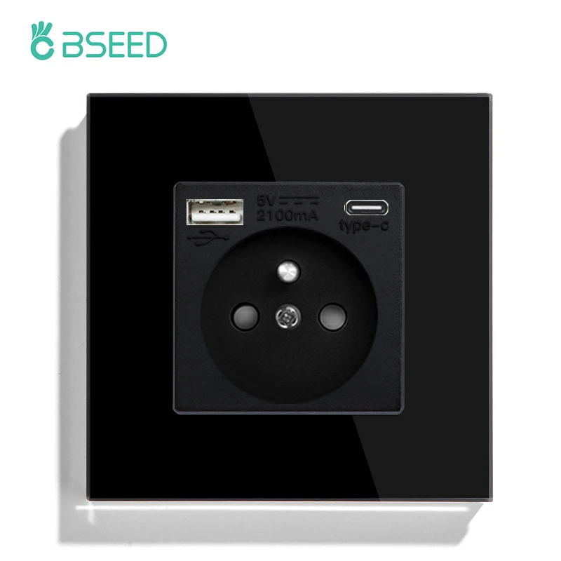 BSEED France Standard prise murale simple Double prise d'alimentation USB type-c Port de Charge prises panneau en verre cristal 16A 110 V-250 V