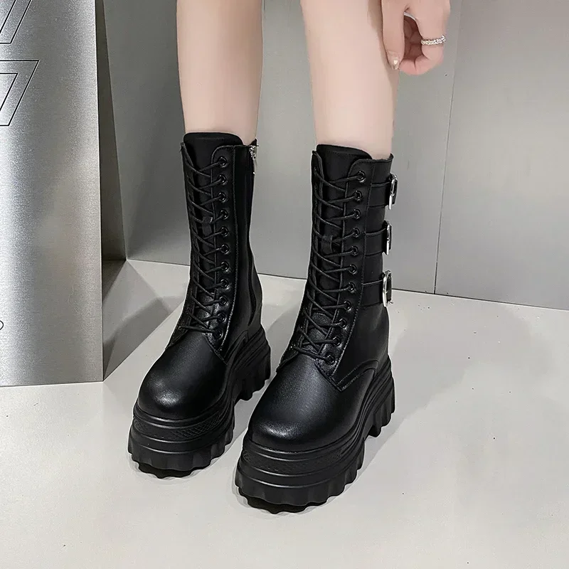 Ankle Boots for Women Short Boot Round Toe High Platform Motorcycle Boots Thick Heel Sneakers Shoe Increase 12CM Boots Shoes