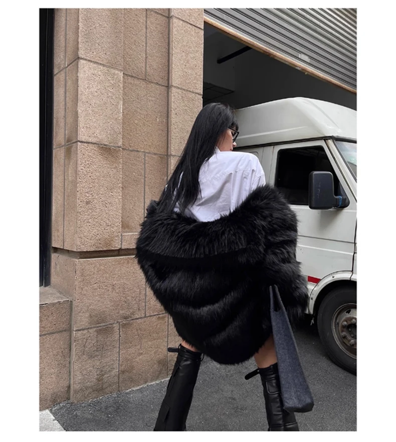 Lautaro Winter Cool Oversized Casual Soft Thick Warm Black Hariy Shaggy Faux Fur Coat Women Turn-down Collar Fluffy Jacket 2023