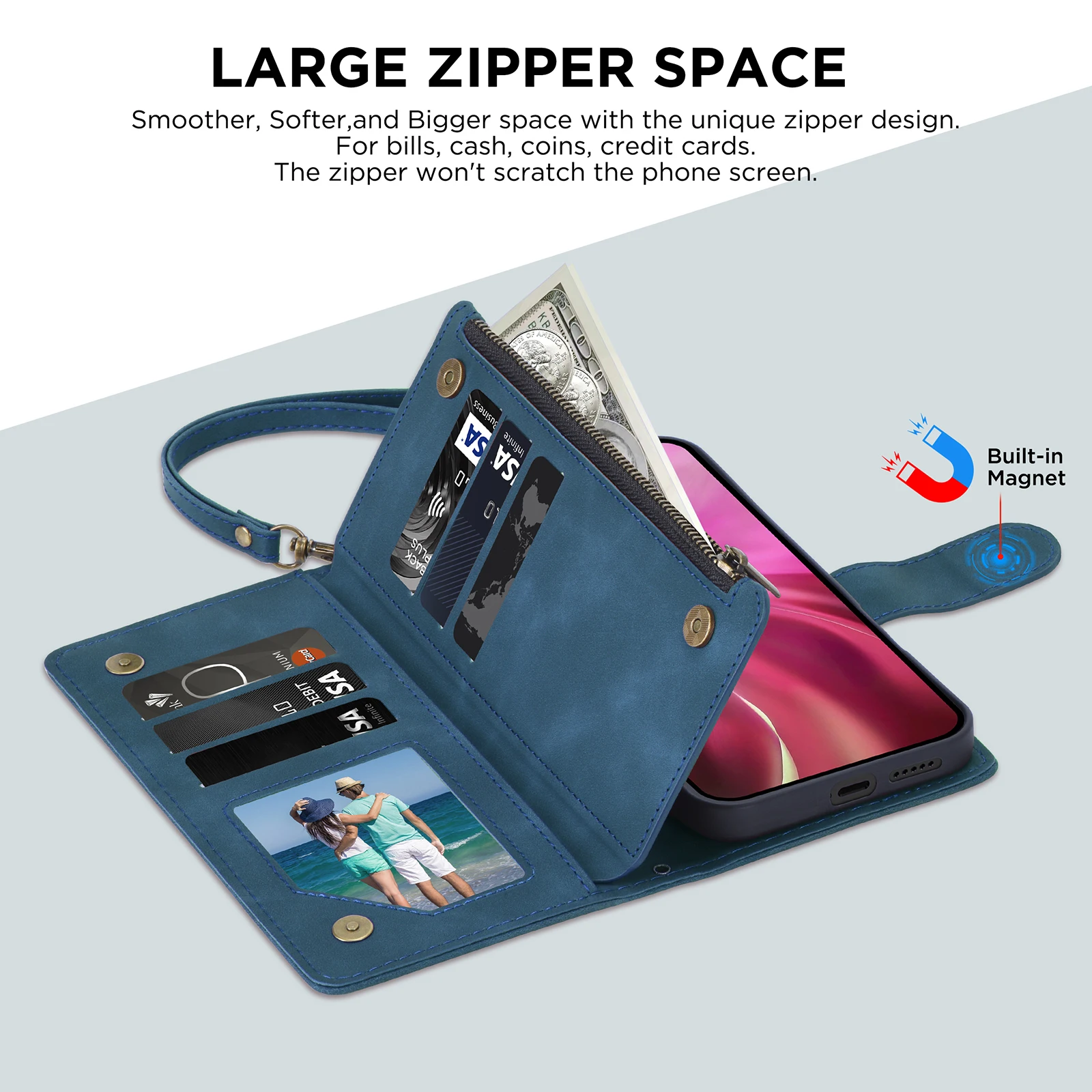 محفظة CAESBON متعددة البطاقات بسحاب مسند مغناطيسي حافظة جلدية لهاتف سامسونج جالاكسي A06 A16 A26 A36 A56 A15 A25 A35 A55 A14