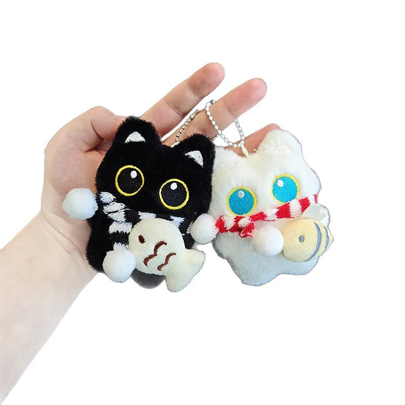 【السلام】صار لطيف أسود أبيض القط أفخم دمية قلادة المفاتيح عروسة كارتون لعبة قلادة كيرينغ حقيبة حلية هدية للأطفال