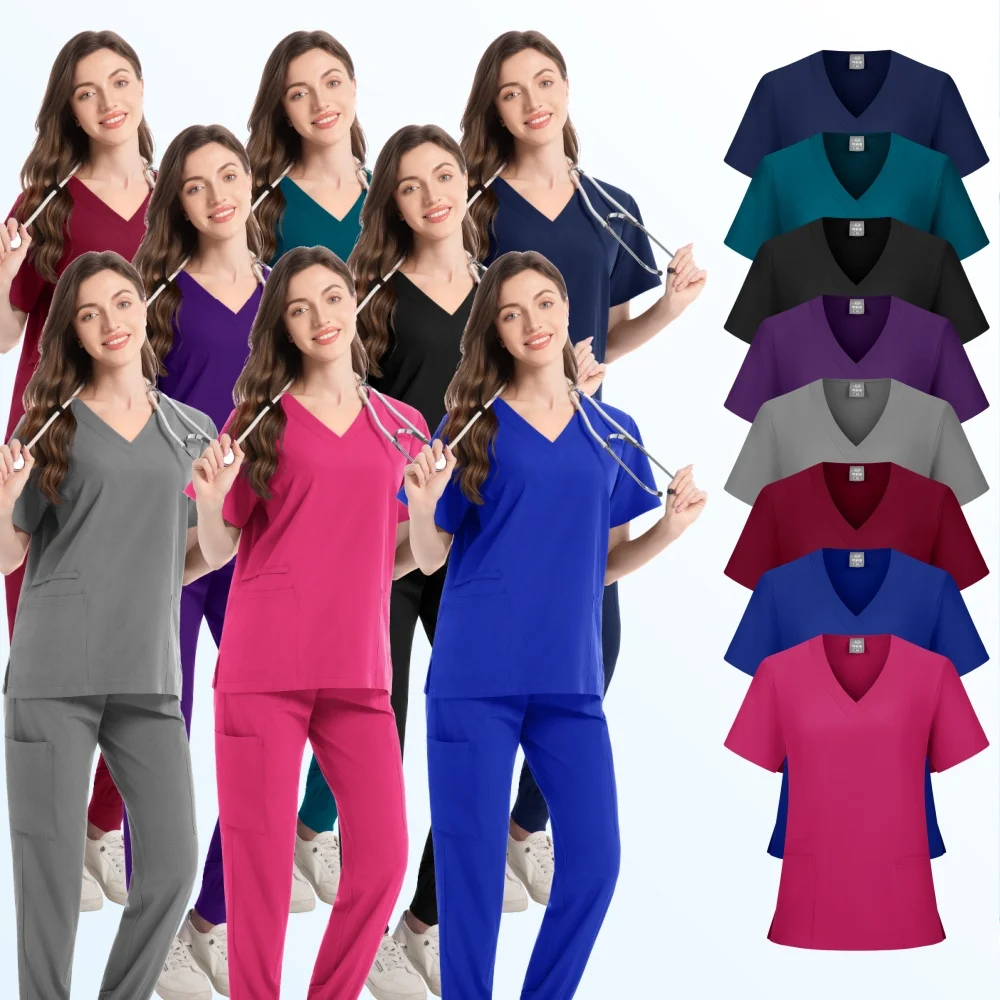 Women's Nurse Uniforms Short Sleeves V-neck High Sweatshirt Pants Set Medical Rubbing Women Summer Casual Women's Uniforms