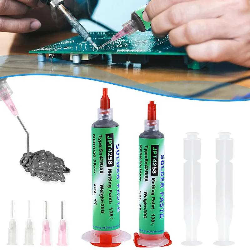 

Lead-Free Welding Paste Sn42bi58 SMD 138℃ Repair Solder PasteNo Clean Syringe Welding For Iphone Tail plug Repair Solder Paste