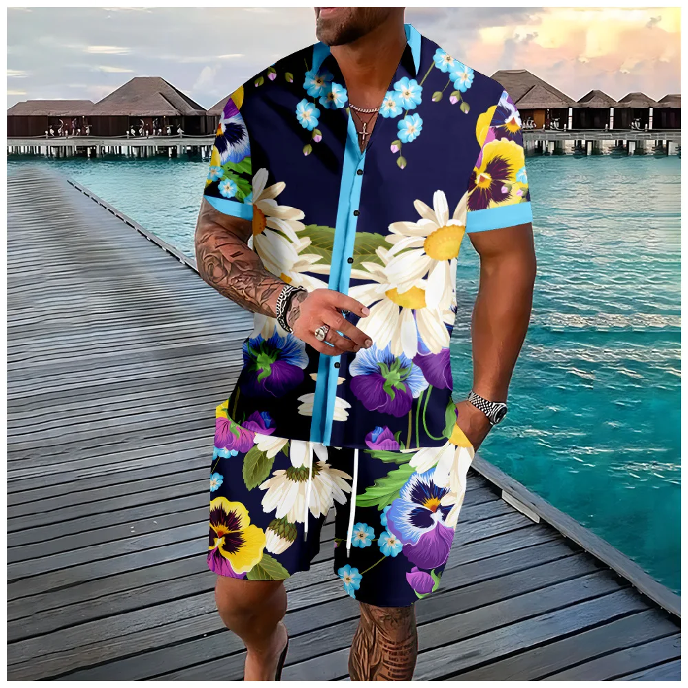 Conjunto de camisa de manga corta con estampado 3D de flores para hombre, pantalones cortos de playa informales de gran tamaño, ropa de calle, trajes hawaianos, moda de verano