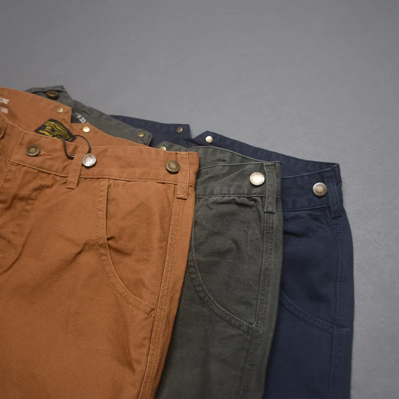 Summer New American Retro Heavyweight Woven Twill Casual Cargo Shorts Men's 100% Cotton Washed Youth Sports Knee Length Pants