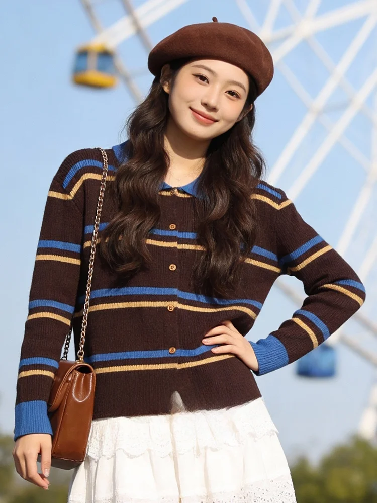 

plus Size Striped Knitwear Collar Casual Outerwear Open Cardigan Top for Women Comfortable Soft Polyester Fiber Long Sve