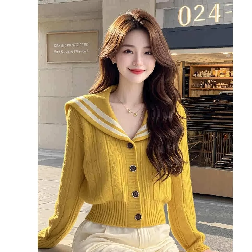 

Naval Collar Knitted Sweater Women's Fraance Sle Loose Fit Long Sve Warmth Bearing Spring Autumn Winter Faion